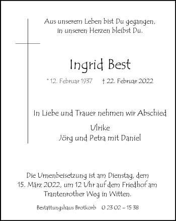 Traueranzeige von Ingrid Best von WVW Anzeigenblätter