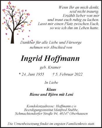 Traueranzeige von Ingrid Hoffmann von WVW Anzeigenblätter
