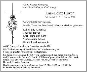 Traueranzeige von Karl-Heinz Huven von WVW Anzeigenblätter