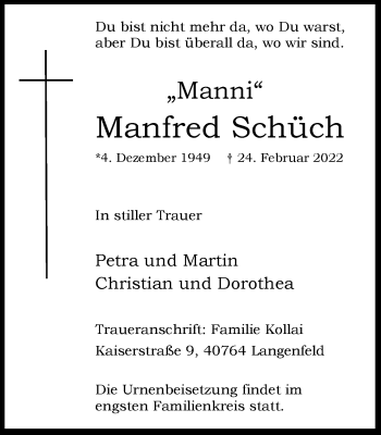 Traueranzeige von Manfred Schüch von WVW Anzeigenblätter