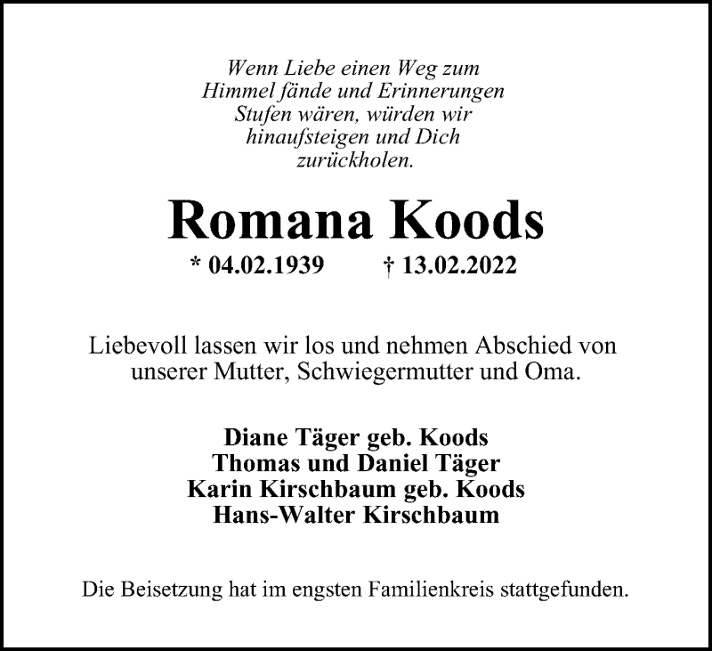  Traueranzeige für Romana Koods vom 12.03.2022 aus WVW Anzeigenblätter