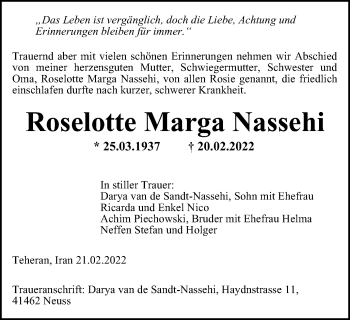 Traueranzeige von Roselotte Marga Nassehi von WVW Anzeigenblätter