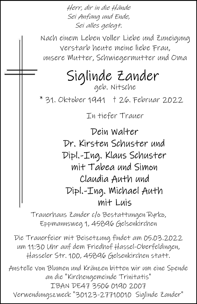  Traueranzeige für Siglinde Zander vom 05.03.2022 aus WVW Anzeigenblätter