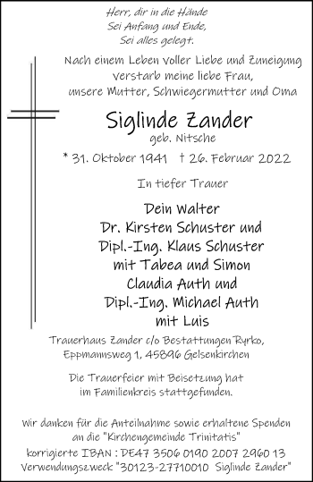 Traueranzeige von Siglinde Zander von WVW Anzeigenblätter