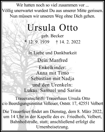 Traueranzeige von Ursula Otto von WVW Anzeigenblätter