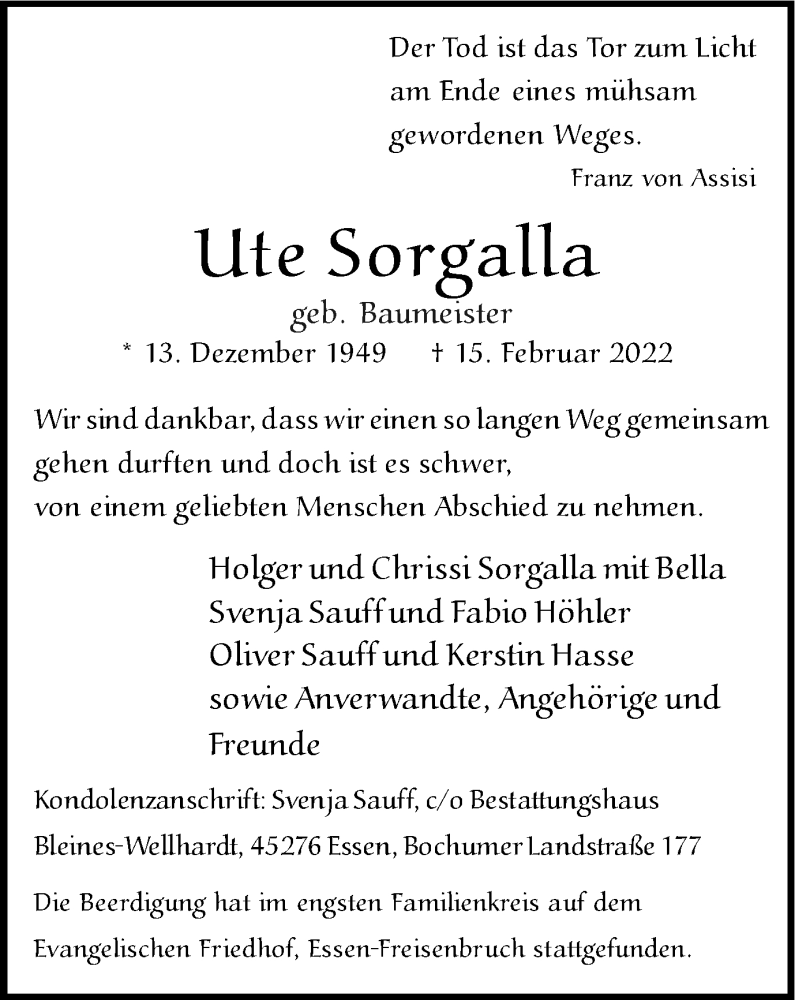  Traueranzeige für Ute Sorgalla vom 12.03.2022 aus WVW Anzeigenblätter