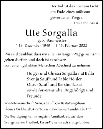 Traueranzeige von Ute Sorgalla von WVW Anzeigenblätter