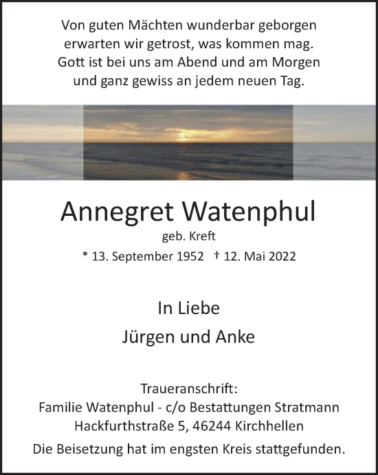 Traueranzeige von Annegret Watenphul von WVW Anzeigenblätter