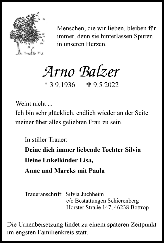 Traueranzeige von Arno Balzer von WVW Anzeigenblätter