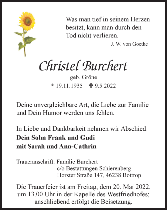 Traueranzeige von Christel Burchert von WVW Anzeigenblätter