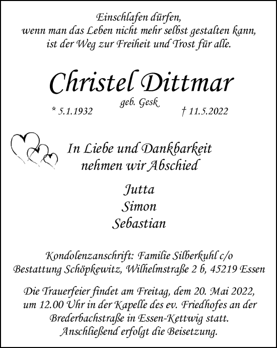 Traueranzeige von Christel Dittmar von WVW Anzeigenblätter