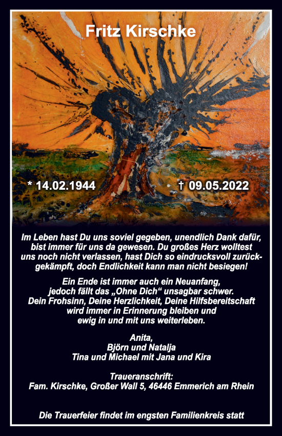 Traueranzeige von Fritz Kirschke von WVW Anzeigenblätter