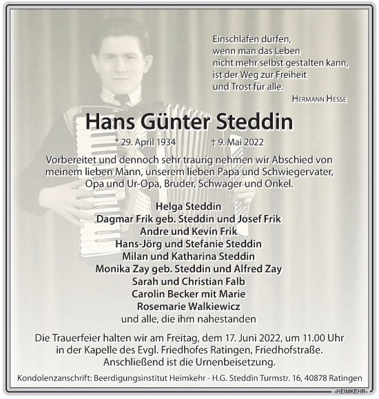 Traueranzeige von Hans Günter Steddin von WVW Anzeigenblätter