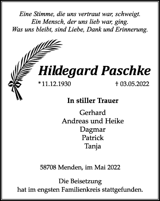 Traueranzeige von Hildegard Paschke von WVW Anzeigenblätter