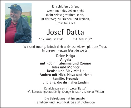 Traueranzeige von Josef Datta von WVW Anzeigenblätter