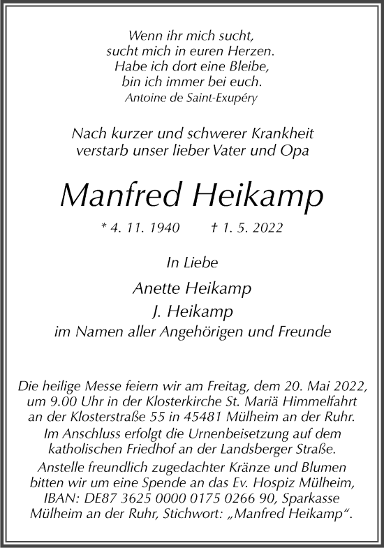 Traueranzeige von Manfred Heikamp von WVW Anzeigenblätter