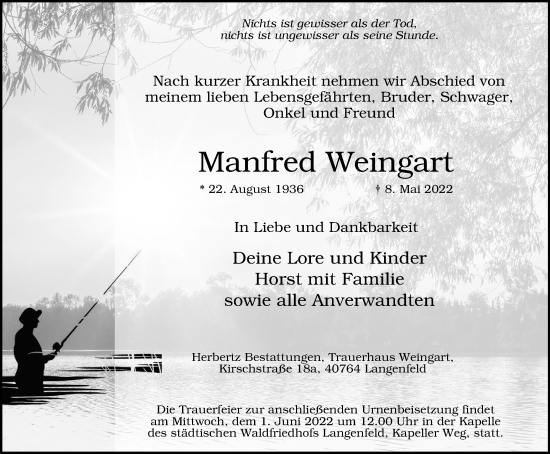 Traueranzeige von Manfred Weingart von WVW Anzeigenblätter