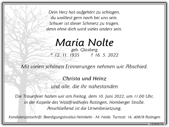 Traueranzeige von Maria Nolte von WVW Anzeigenblätter