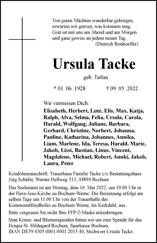 Traueranzeige von Ursula Tacke von WVW Anzeigenblätter