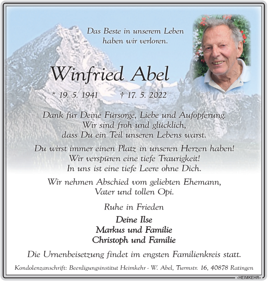 Traueranzeige von Winfried Abel von WVW Anzeigenblätter