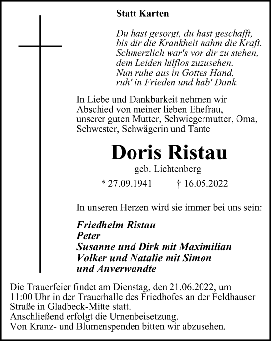 Traueranzeige von Doris Ristau von WVW Anzeigenblätter