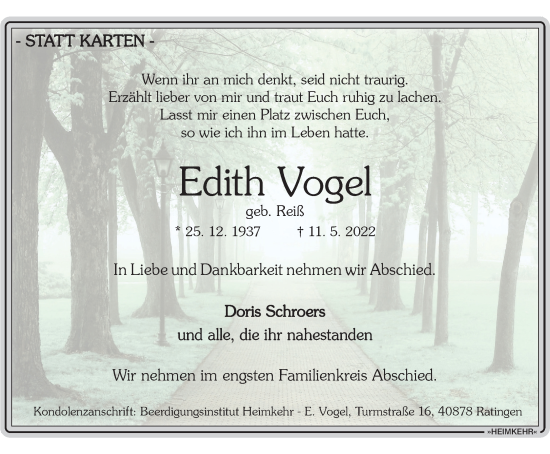 Traueranzeige von Edith Vogel von WVW Anzeigenblätter