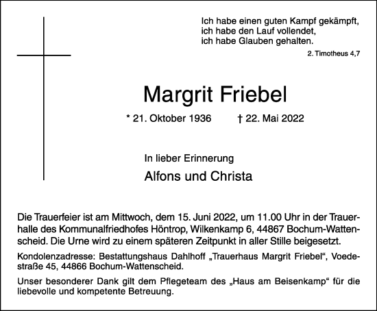Traueranzeige von Margrit Friebel von WVW Anzeigenblätter