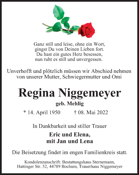 Traueranzeige von Regina Niggemeyer von WVW Anzeigenblätter