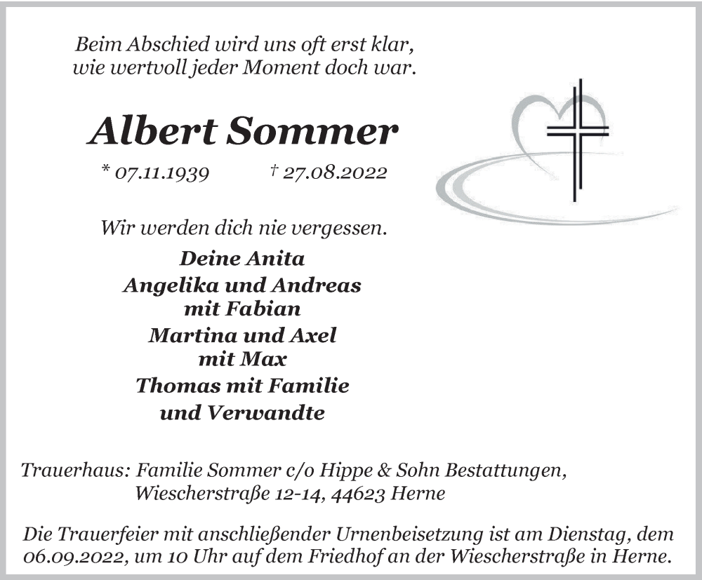  Traueranzeige für Albert Sommer vom 03.09.2022 aus WVW Anzeigenblätter