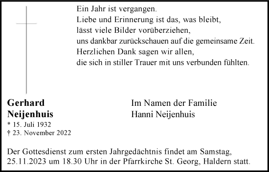 Traueranzeige von Gerhard Neijenhuis von Tageszeitung