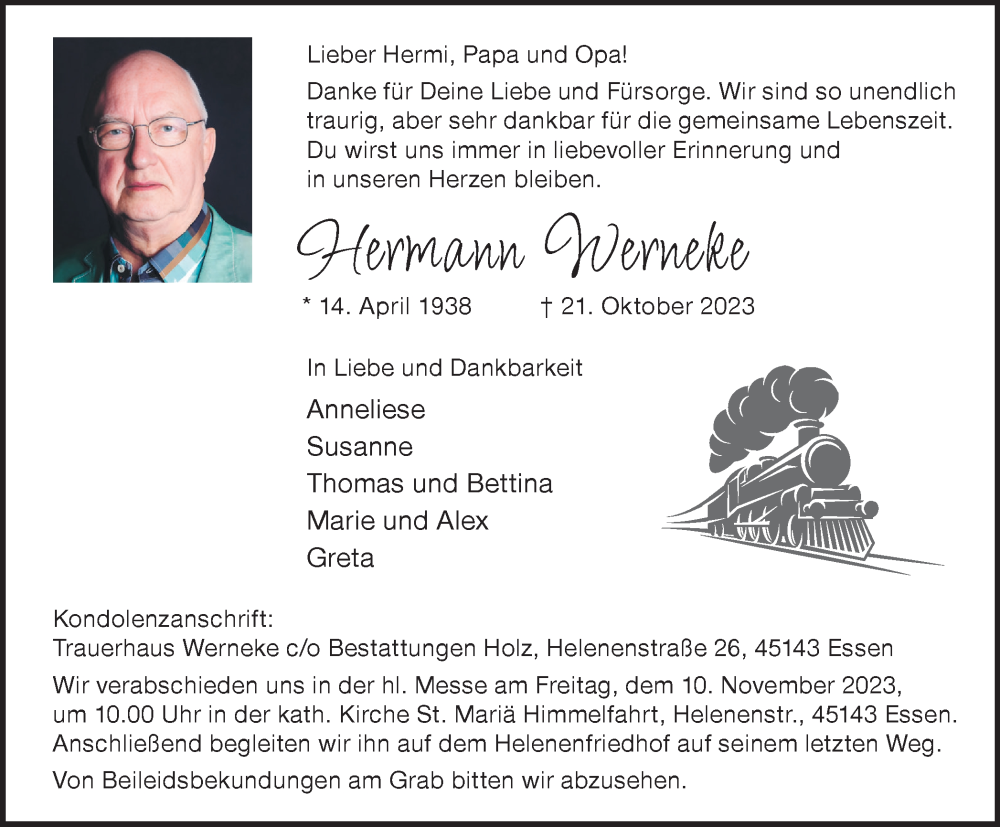  Traueranzeige für Hermann Werneke vom 04.11.2023 aus Tageszeitung