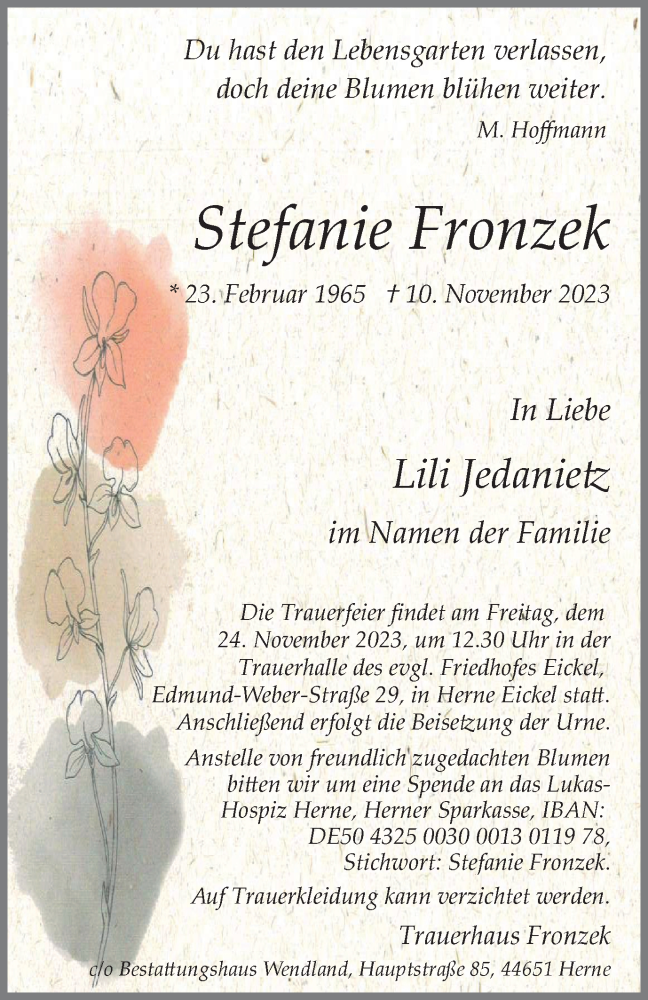  Traueranzeige für Stefanie Fronzek vom 18.11.2023 aus Tageszeitung