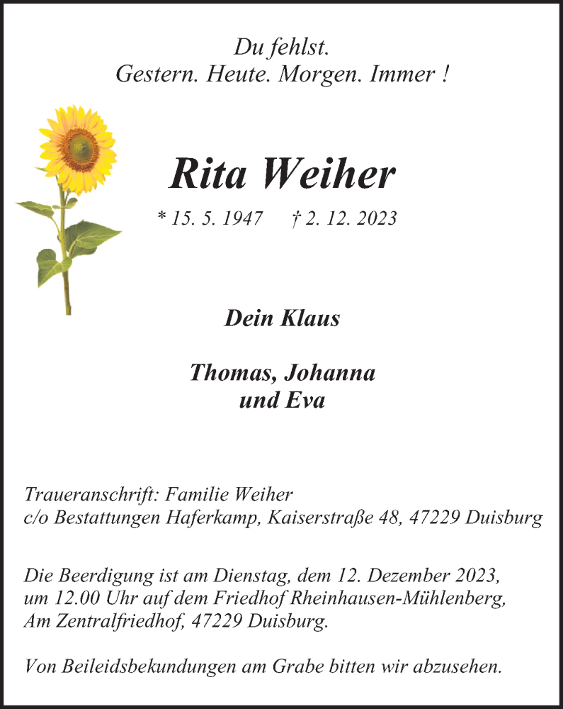  Traueranzeige für Rita Weiher vom 09.12.2023 aus Tageszeitung