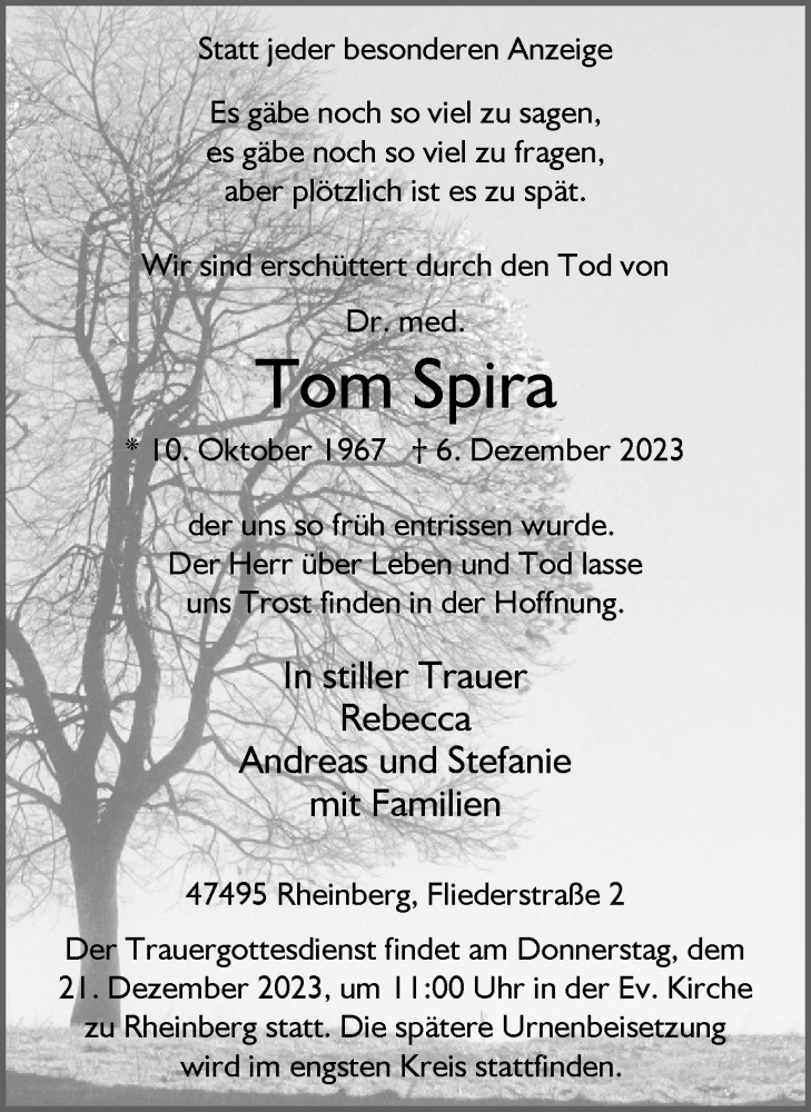  Traueranzeige für Tom Spira vom 16.12.2023 aus Tageszeitung