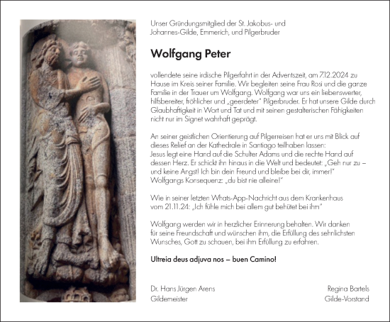 Traueranzeige von Wolfgang Peter von Tageszeitung