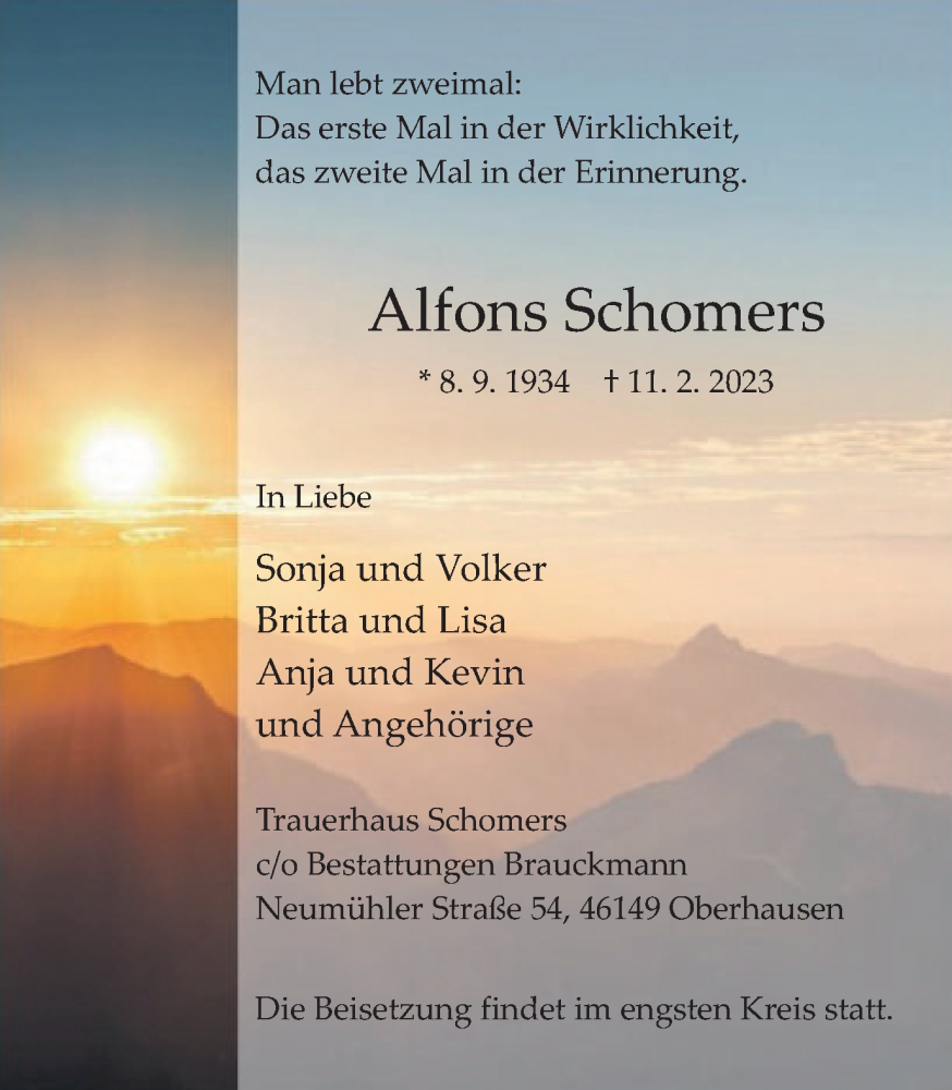  Traueranzeige für Alfons Schomers vom 18.02.2023 aus WVW Anzeigenblätter