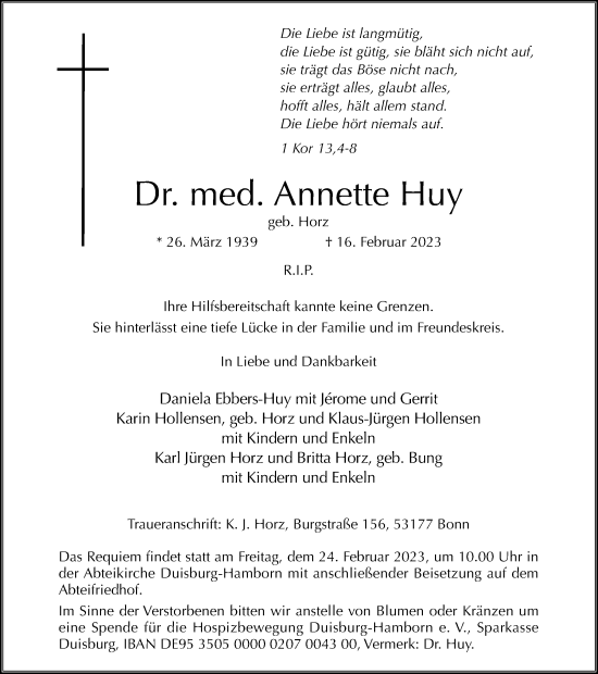 Traueranzeige von Annette Huy von Tageszeitung
