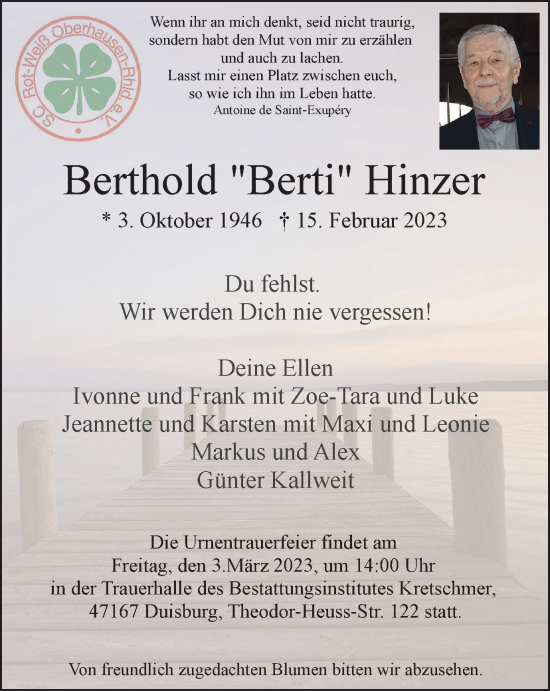 Traueranzeige von Berthold Hinzer von WVW Anzeigenblätter
