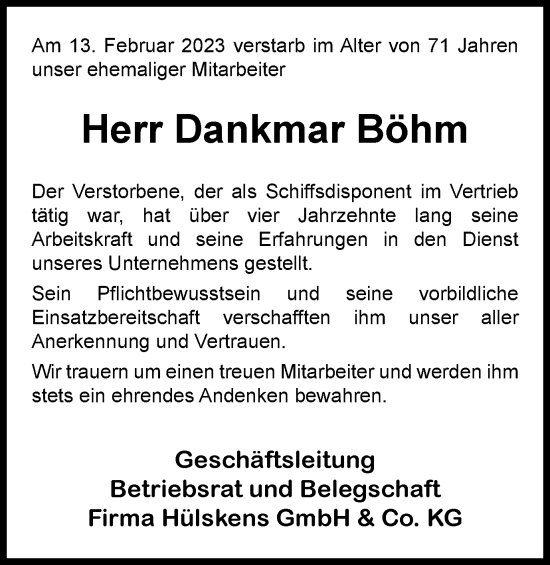 Traueranzeige von Dankmar Böhm von Tageszeitung
