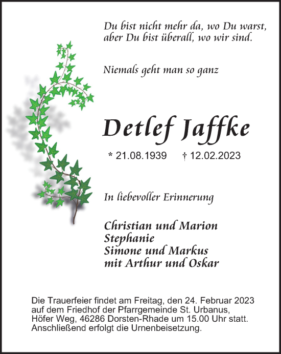 Traueranzeige von Detlef Jaffke von Tageszeitung