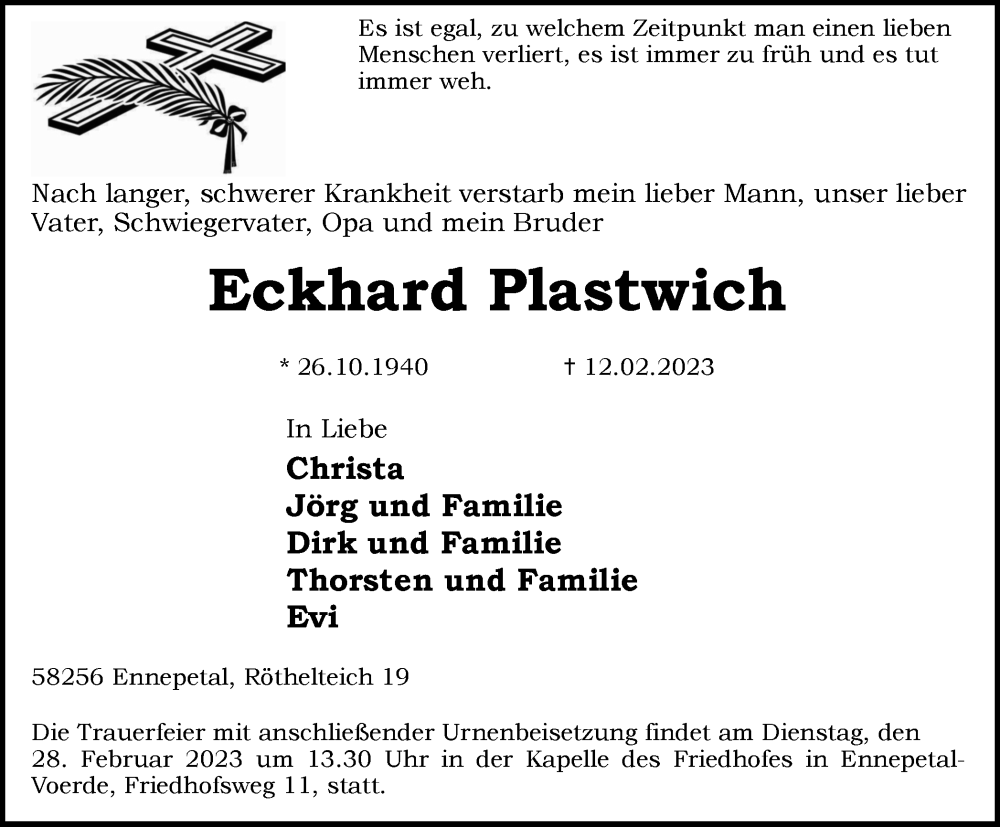  Traueranzeige für Eckhard Plastwich vom 25.02.2023 aus Tageszeitung