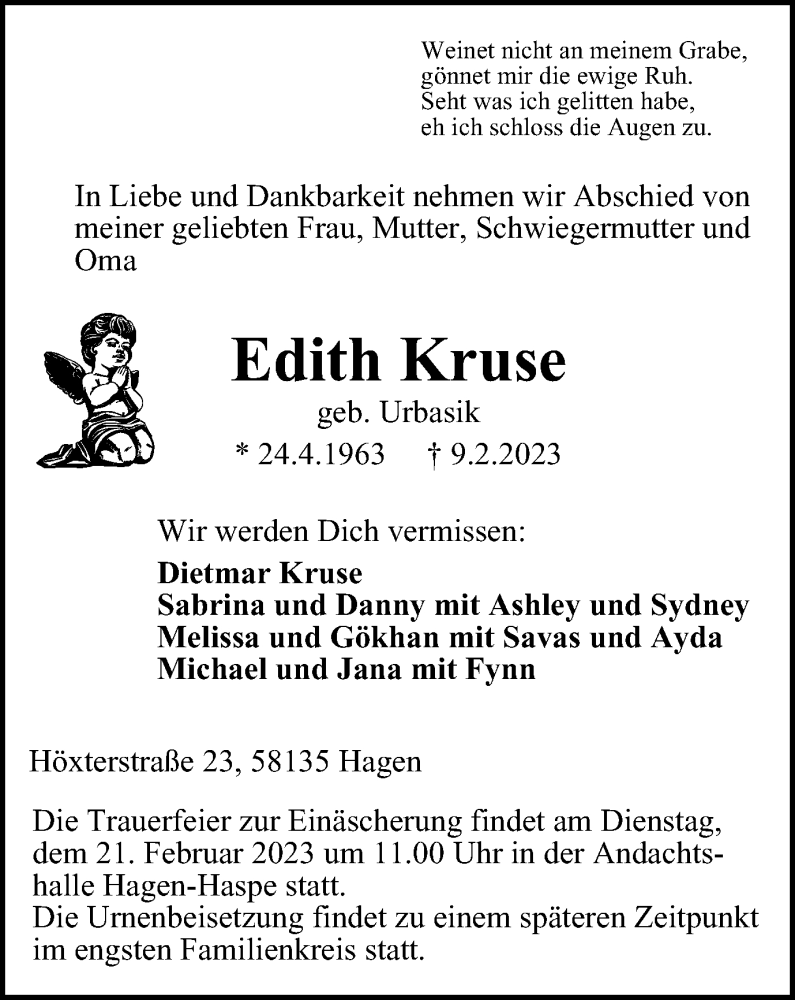  Traueranzeige für Edith Kruse vom 18.02.2023 aus Tageszeitung