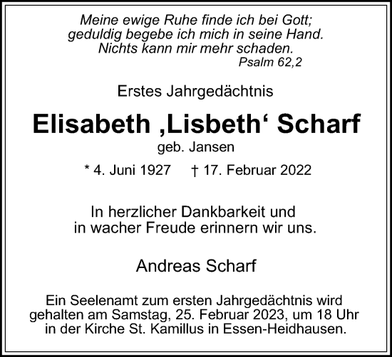 Traueranzeige von Elisabeth Scharf von Tageszeitung