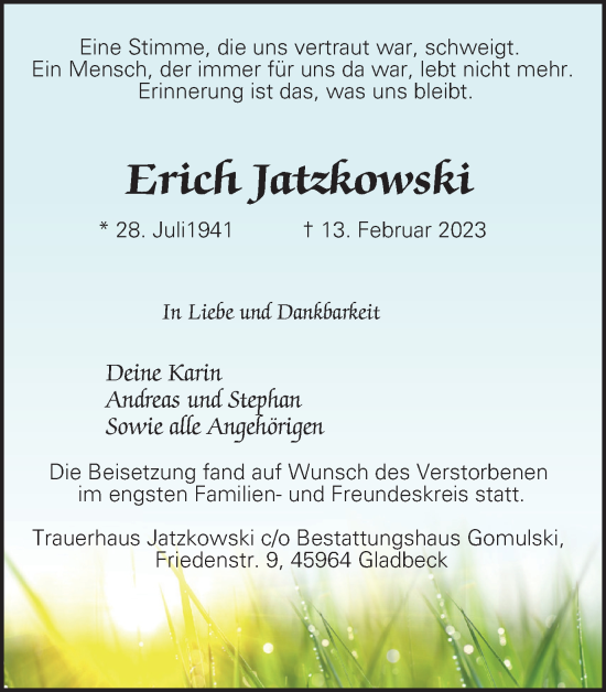 Traueranzeige von Erich Jatzkowski von WVW Anzeigenblätter