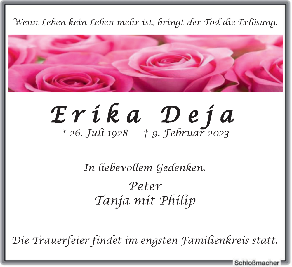  Traueranzeige für Erika Deja vom 18.02.2023 aus WVW Anzeigenblätter