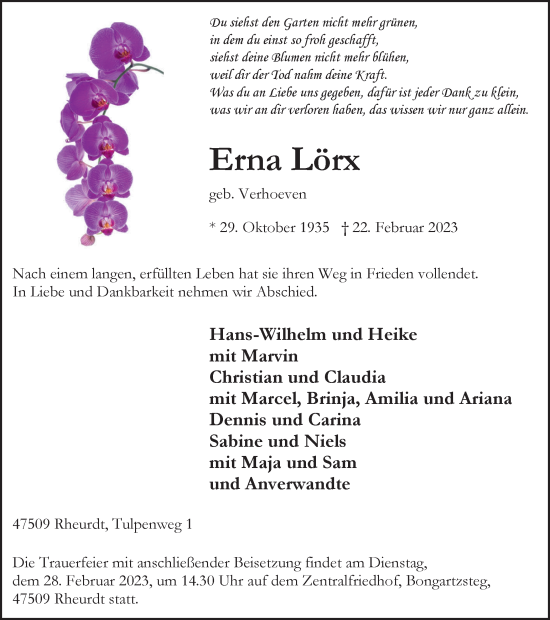 Traueranzeige von Erna Lörx von Tageszeitung