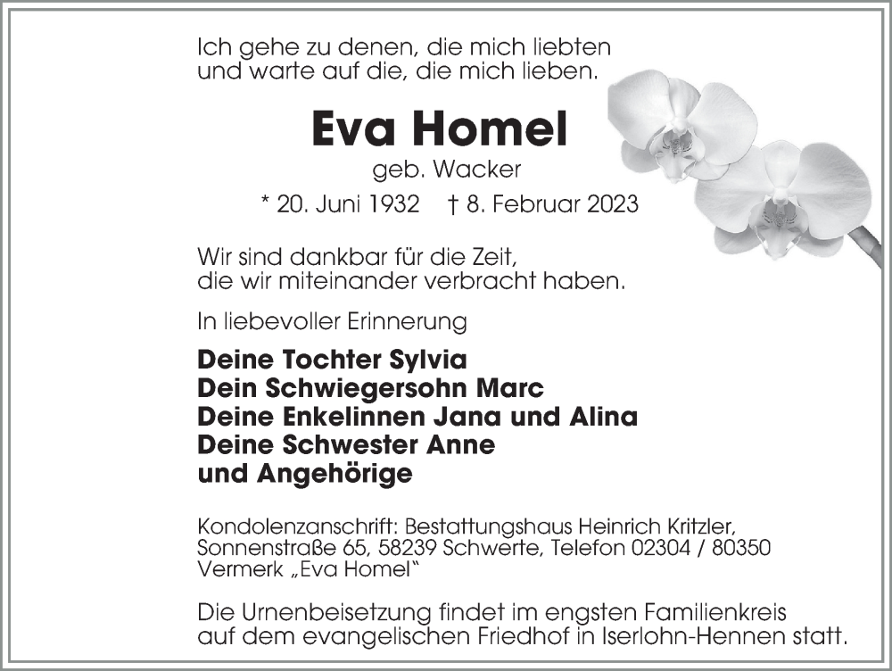  Traueranzeige für Eva Homel vom 18.02.2023 aus WVW Anzeigenblätter