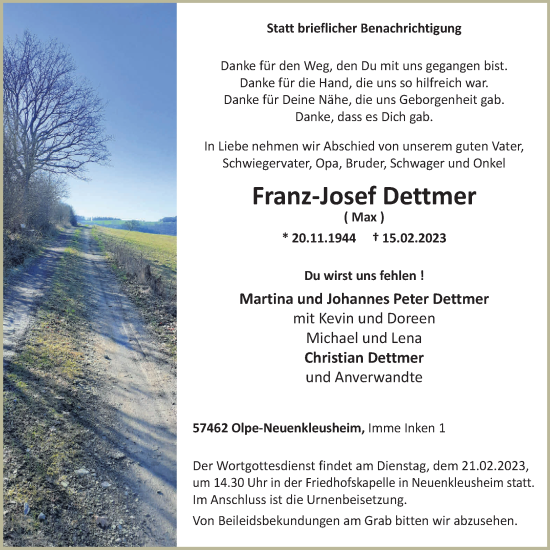 Traueranzeige von Franz-Josef Dettmer von Tageszeitung