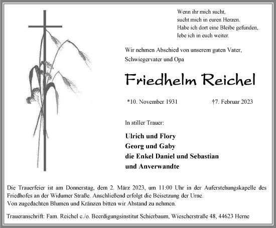 Traueranzeige von Friedhelm Reichel von Tageszeitung