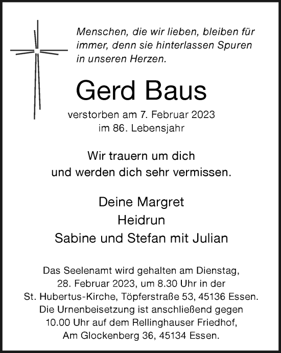 Traueranzeige von Gerd Baus von Tageszeitung